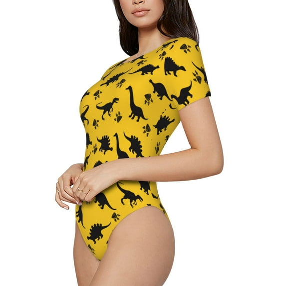 Uemuo Dinosaur Pattern Women's One Piece Short Sleeve Swimsuit Rash Guard Surfing Modest Quick-drying Swimsuit Beach Essentials-