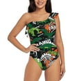thumbnail image 1 of Uemuo Dinosaur Skeleton Print Women's One Piece Swimsuit Asymmetrical Neck Bathing Suit One Shoulder Side Cutout Ruffle Swimwear-X-Large, 1 of 6