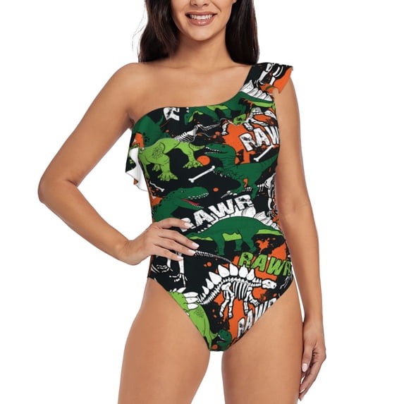 Uemuo Dinosaur Skeleton Print Women's One Piece Swimsuit Asymmetrical Neck Bathing Suit One Shoulder Side Cutout Ruffle Swimwear-X-Large
