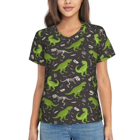 Uemuo Dinosaur Skeleton Printed Women's Classic V-Neck T-Shirt - Soft, Breathable, Moisture-Wicking, Perfect for Casual, Office, Travel, and Everyday Wear-Medium