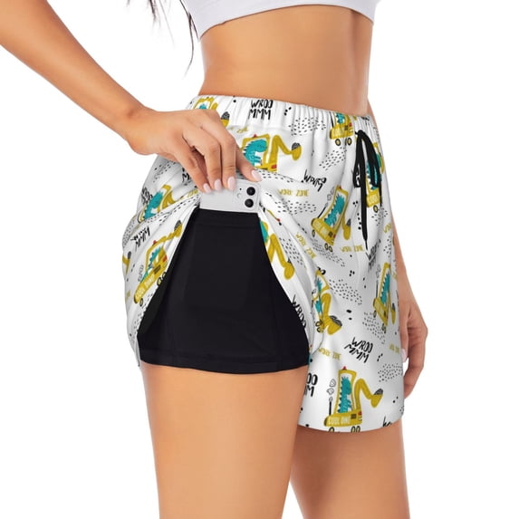 Uemuo Dinosaur on Excavator Pattern Women's Athletic Shorts High Waisted Running Shorts with Liner Pockets Gym Elastic Workout Shorts-Medium