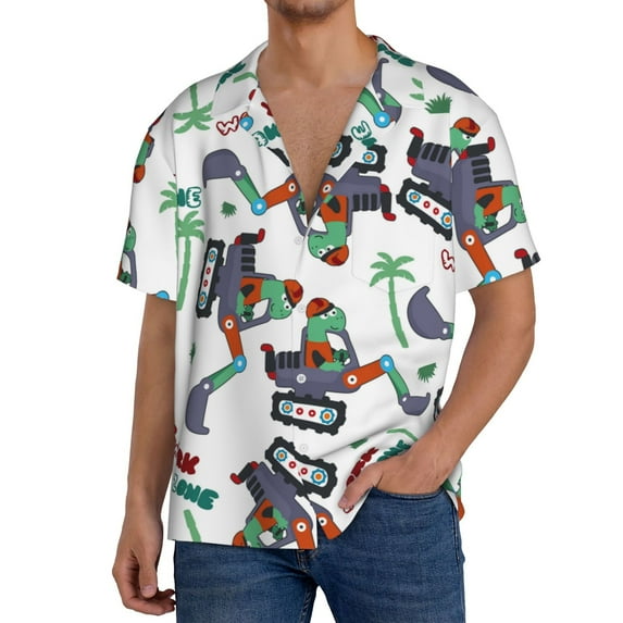 Uemuo Dinosaur on Excavator2 Pattern Cotton Linen Short Sleeve Shirts,Casual Lightweight Button Down Shirts,Vacation Beach Summer Tops-XX-Large
