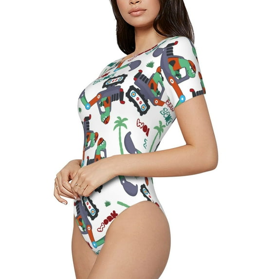Uemuo Dinosaur on Excavator2 Pattern Women's One Piece Short Sleeve Swimsuit Rash Guard Surfing Modest Quick-drying Swimsuit Beach Essentials-X-Large