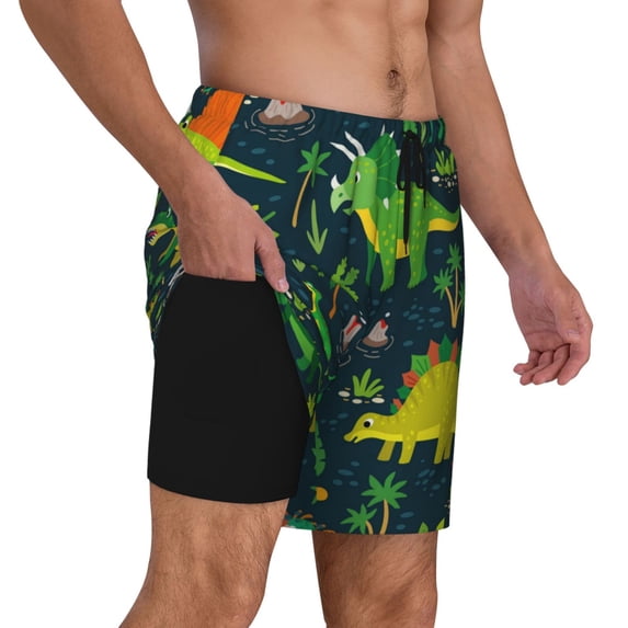 Uemuo Dinosaurs and Flowers Pattern Mens Swim Trunks Quick Dry Board Shorts with Mesh Lining, Stretch Beach Shorts Quick Dry No-Chafing Board Shorts-3X-Large