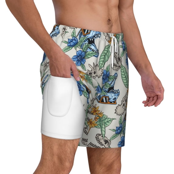 Uemuo Dinosaurs And Leaves Pattern Mens Swim Trunks Quick Dry Board Shorts with Mesh Lining, Stretch Beach Shorts Quick Dry No-Chafing Board Shorts-XX-Large