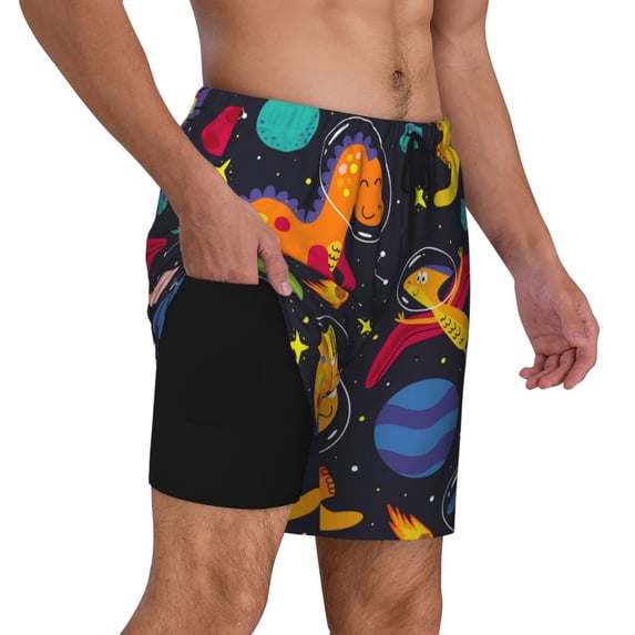 Uemuo Dinosaurs in Space Pattern Mens Swim Trunks Quick Dry Board Shorts with Mesh Lining, Stretch Beach Shorts Quick Dry No-Chafing Board Shorts-Large