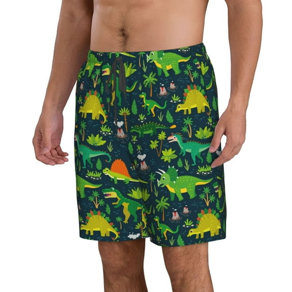 Uemuo Dinosaurs and Tropical Leaves and Flowers Pattern Men's Swim Trunks Hawaiian Beach Bathing Suit Swimsuits Beach Quick-Dry Shorts with Pockets-Small