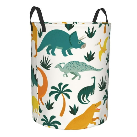 Uemuo Dinosaurs and Tropical Leaves Pattern Circular Laundry Hamper Basket with handles,Collapsible laundry basket,Large capacity laundry hamper,Laundry Organizer-Small