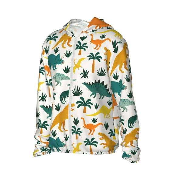 Uemuo Dinosaurs and Tropical Leaves Pattern Women's Full Zip UPF 50+ Sun Protection Hoodie Jacket Long Sleeve Sun Shirt Hiking Outdoor Performance with Pockets-X-Large