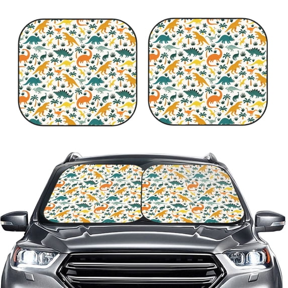 Uemuo Dinosaurs and Tropical Leaves Printed 2 PCS Car Windshield Sun Shade, Auto Sun Heat and UV Rays Blocker, Foldable Automotive Front Window Sunshade Protector