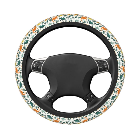 Uemuo Dinosaurs and Tropical Leaves Printed Car Elastic Steering Wheel Cover - Universal Car Accessory for Diverse Cars Anti-Slip, and Comfortable- 15"