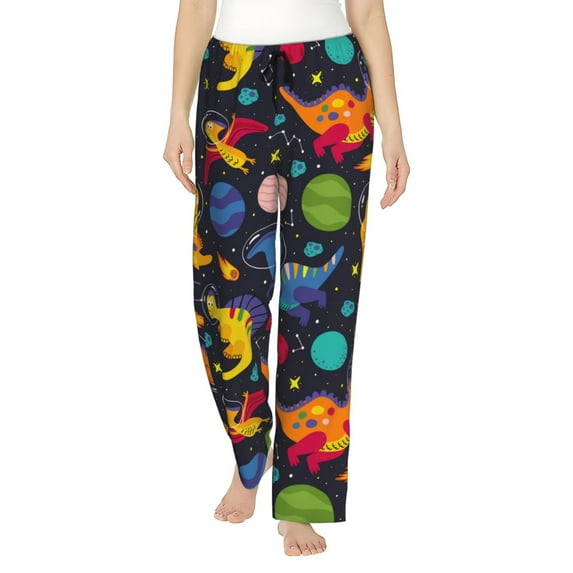 Uemuo Dinosaurs in Space Pattern Women's Wide Leg Palazzo Lounge Pants with Pockets Light Weight Loose Comfy Casual Pajama Pants-
