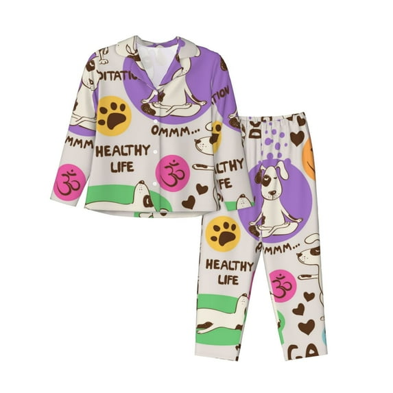 Uemuo Dog Doing Yoga Pattern Womens Pajama Sets,PJ Set for Women,Pajamas for Women Logo,Long Sleeve Pajama Set for Women,Soft Long Sleeve Top With Pants-XX-Large