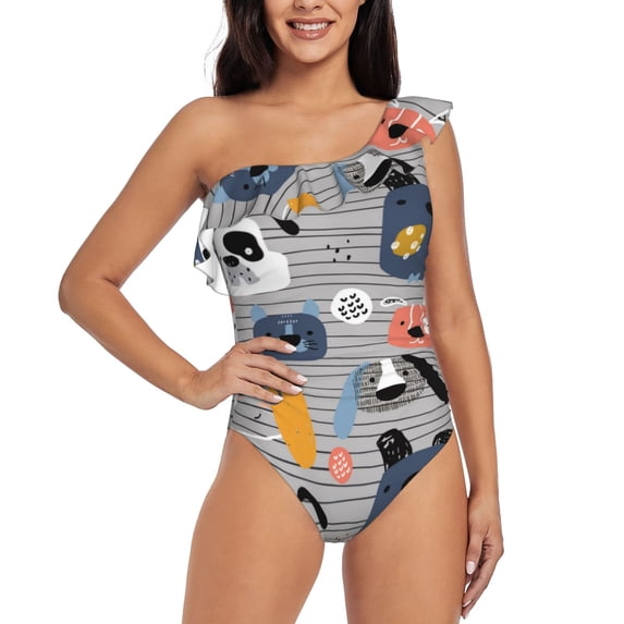 Uemuo Dog Print Women's One Piece Swimsuit Asymmetrical Neck Bathing Suit One Shoulder Side Cutout Ruffle Swimwear-Large