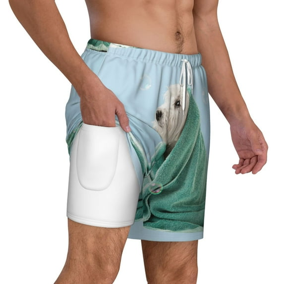 Uemuo Dog Wrapped in Towel Pattern Mens Swim Trunks Quick Dry Board Shorts with Mesh Lining, Stretch Beach Shorts Quick Dry No-Chafing Board Shorts-XX-Large