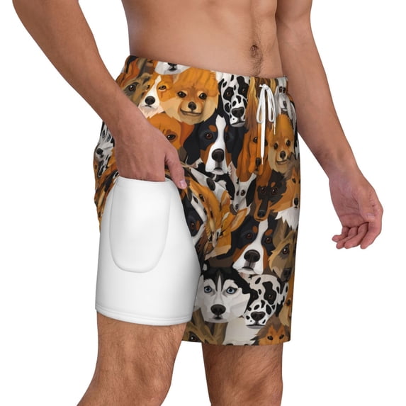 Uemuo Dogs Different Breeds Pattern Mens Swim Trunks Quick Dry Board Shorts with Mesh Lining, Stretch Beach Shorts Quick Dry No-Chafing Board Shorts-Medium