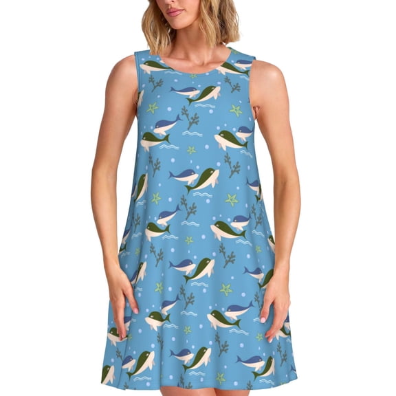 Uemuo Dolphin Lovers Pattern Women’s Sleeveless Dress – Casual Summer A-Line Dress, Stylish and Comfortable Sundress for Hot Weather
