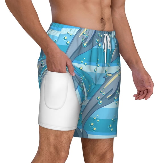 Uemuo Dolphin Pattern Mens Swim Trunks Quick Dry Board Shorts with Mesh Lining, Stretch Beach Shorts Quick Dry No-Chafing Board Shorts-3X-Large