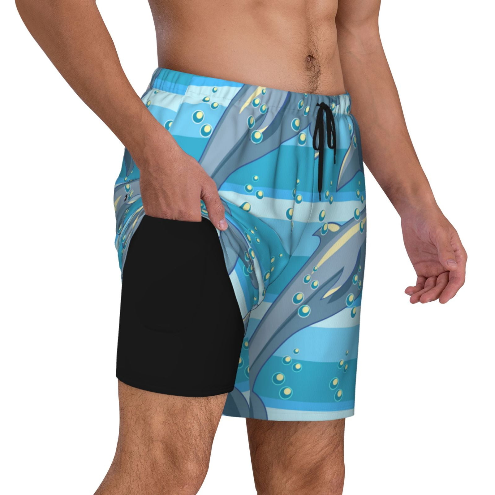 Uemuo Dolphin Pattern Mens Swim Trunks Quick Dry Board Shorts with Mesh