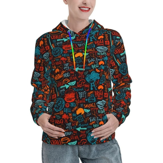 Uemuo Doodle Barbeque Pattern Women's Hoodie with Eye-catching Drawstrings- Casual Pullover Hoodie with Kangaroo Pocket, Stylish Hooded Sweatshirt-Small