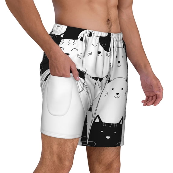 Uemuo Doodle Cute Cat Pattern Mens Swim Trunks Quick Dry Board Shorts with Mesh Lining, Stretch Beach Shorts Quick Dry No-Chafing Board Shorts-XX-Large