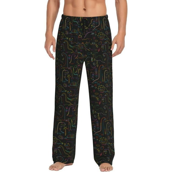 Uemuo Doodle Dinosaur Pattern Men's Wide Leg Palazzo Lounge Pants with Pockets Light Weight Loose Comfy Casual Pajama Pants-X-Large