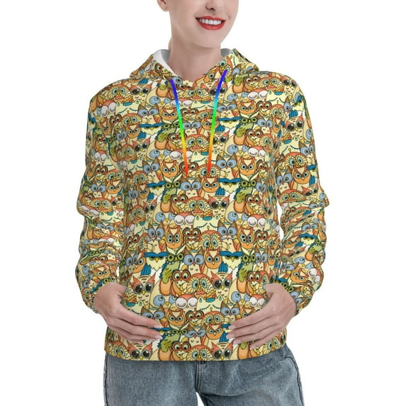 Uemuo Doodle Owls Pattern Women's Hoodie with Eye-catching Drawstrings- Casual Pullover Hoodie with Kangaroo Pocket, Stylish Hooded Sweatshirt-X-Large