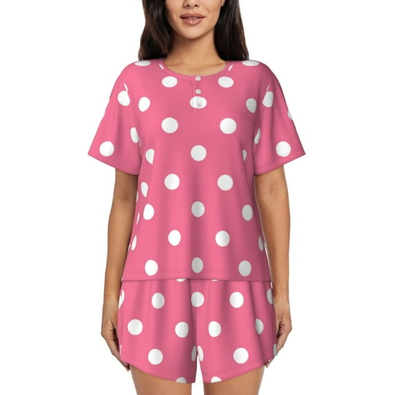 Uemuo Dots On Rose Red Background Pattern Women's Short-Sleeved Pajama, Button-Front Loungewear, 2-Piece Summer Sleepwear, Elastic Drawstring Shorts-X-Large