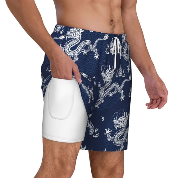 Uemuo Dragon Pattern Mens Swim Trunks Quick Dry Board Shorts with Mesh Lining, Stretch Beach Shorts Quick Dry No-Chafing Board Shorts-X-Large