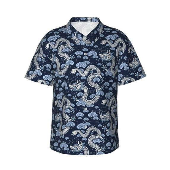 Uemuo Dragon Printed Regular Fit Short Sleeve Casual Hawaiian Shirt for Men,Aloha shirt,Tropical shirt,Floral print shirt,Vacation Beach shirt-