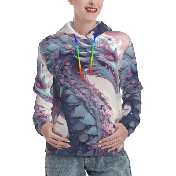 Uemuo Dragon1 Pattern Women's Hoodie with Eye-catching Drawstrings- Casual Pullover Hoodie with Kangaroo Pocket, Stylish Hooded Sweatshirt-X-Large