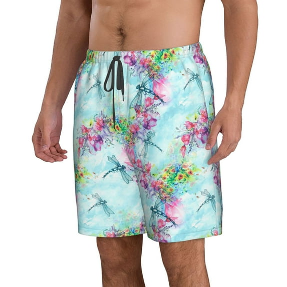 Uemuo Dragonfly Floral Pattern Men's Swim Trunks Hawaiian Beach Bathing Suit Swimsuits Beach Quick-Dry Shorts with Pockets-X-Large