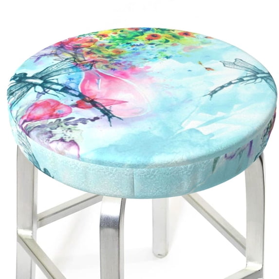 Uemuo Dragonfly Floral Pattern Round Bar Stool Seat Covers Washable Stool Cushion Slipcover Elastic Bar Chair Covers-