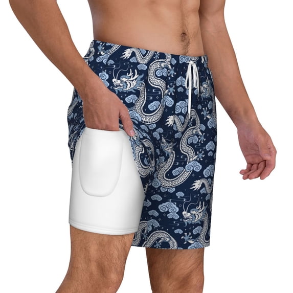 Uemuo Dragons Pattern Mens Swim Trunks Quick Dry Board Shorts with Mesh Lining, Stretch Beach Shorts Quick Dry No-Chafing Board Shorts-Small