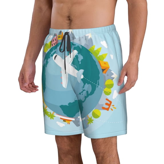 Uemuo Dreaming Travel Pattern Men's Swim Trunks Hawaiian Beach Bathing Suit Swimsuits Beach Quick-Dry Shorts with Pockets-Large