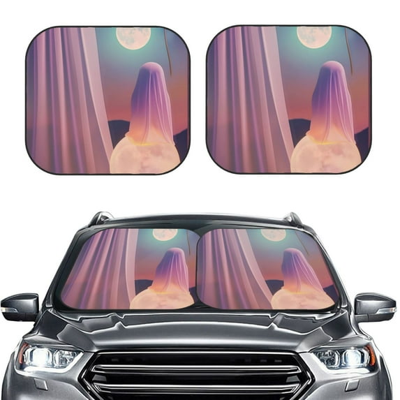 Uemuo Dreamy Moonlit Window Printed 2 PCS Car Windshield Sun Shade, Auto Sun Heat and UV Rays Blocker, Foldable Automotive Front Window Sunshade Protector