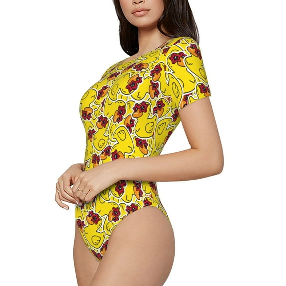 Uemuo Duck with Star Sunglasses Pattern Women's One Piece Short Sleeve Swimsuit Rash Guard Surfing Modest Quick-drying Swimsuit Beach Essentials-Large