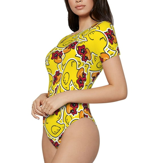 Uemuo Duck with Star Sunglasses Pattern Women's One Piece Short Sleeve Swimsuit Rash Guard Surfing Modest Quick-drying Swimsuit Beach Essentials-X-Large
