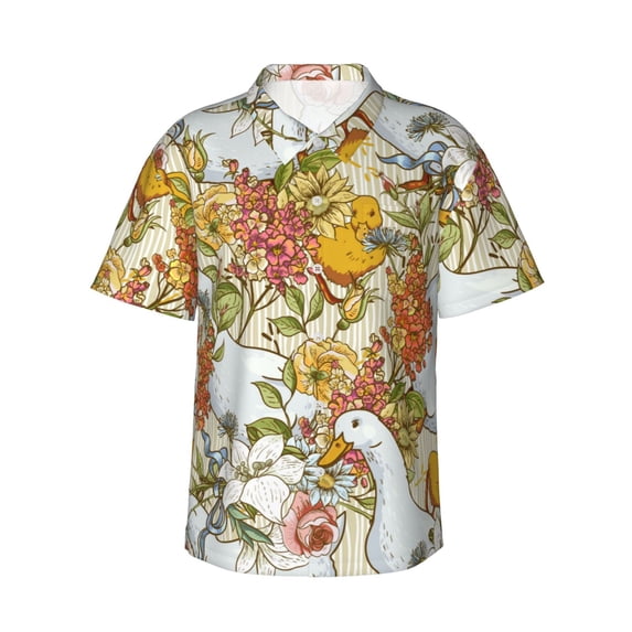 Uemuo Ducks and Flowers Printed Regular Fit Short Sleeve Casual Hawaiian Shirt for Men,Aloha shirt,Tropical shirt,Floral print shirt,Vacation Beach shirt-Large