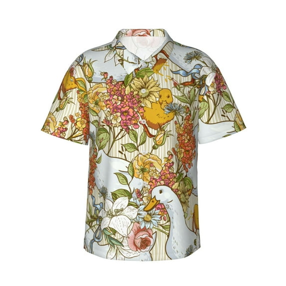 Uemuo Ducks and Flowers Printed Regular Fit Short Sleeve Casual Hawaiian Shirt for Men,Aloha shirt,Tropical shirt,Floral print shirt,Vacation Beach shirt-Medium