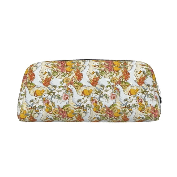 Uemuo Ducks and Flowers Printed Leather Pencil Case, Pencil Pouch, Portable Pencil Bag, Pen Case for& Office