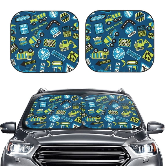 Uemuo Dump Truck Printed 2 PCS Car Windshield Sun Shade, Auto Sun Heat and UV Rays Blocker, Foldable Automotive Front Window Sunshade Protector