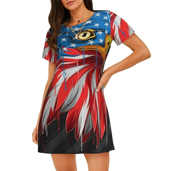 Uemuo Eagle Head With American Flag Pattern Women’s Nightdress – Casual Sleep Shirt, Soft Relaxed Fit Short-Sleeved Cotton Sleepwear for Home, Bedtime, and Lounging