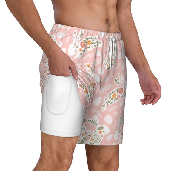 Uemuo Easter Bunny Pattern Mens Swim Trunks Quick Dry Board Shorts with Mesh Lining, Stretch Beach Shorts Quick Dry No-Chafing Board Shorts-XX-Large