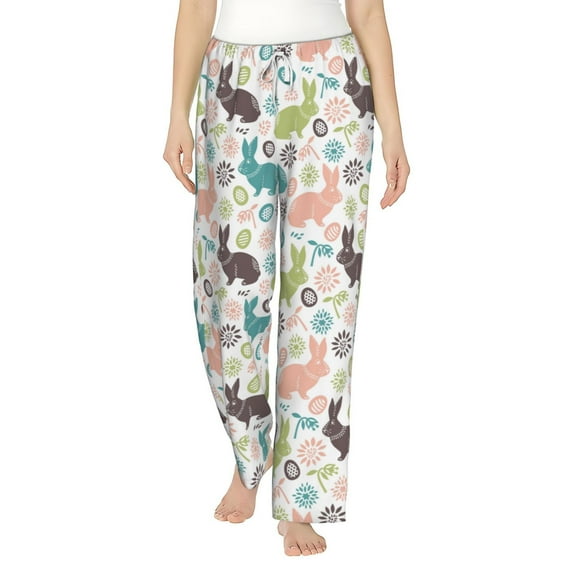 Uemuo Easter Rabbit Pattern Women's Wide Leg Palazzo Lounge Pants with Pockets Light Weight Loose Comfy Casual Pajama Pants-Large