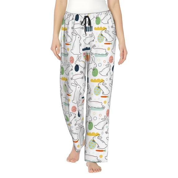 Uemuo Easter Rabbit Pattern Women's Wide Leg Palazzo Lounge Pants with Pockets Light Weight Loose Comfy Casual Pajama Pants-Small