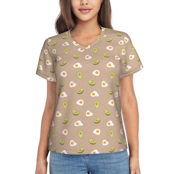 Uemuo Egg and Avocado Printed Women's Classic V-Neck T-Shirt - Soft, Breathable, Moisture-Wicking, Perfect for Casual, Office, Travel, and Everyday Wear-X-Large
