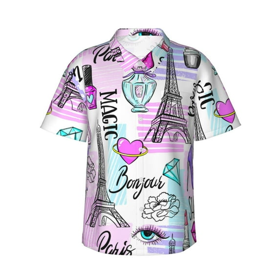Uemuo Eiffel Tower and Hearts Printed Regular Fit Short Sleeve Casual Hawaiian Shirt for Men,Aloha shirt,Tropical shirt,Floral print shirt,Vacation Beach shirt-XX-Large