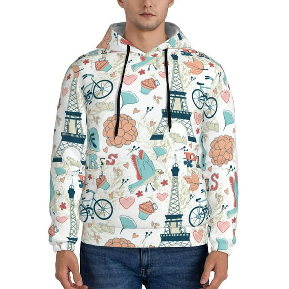 Uemuo Eiffel Tower Pattern Men's Hoodie - Casual Pullover Hoodie with Kangaroo Pocket, Stylish Hooded Sweatshirt for Everyday Wear-XX-Large
