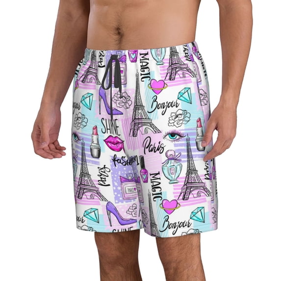 Uemuo Eiffel Tower and Hearts Pattern Men's Swim Trunks Hawaiian Beach Bathing Suit Swimsuits Beach Quick-Dry Shorts with Pockets-